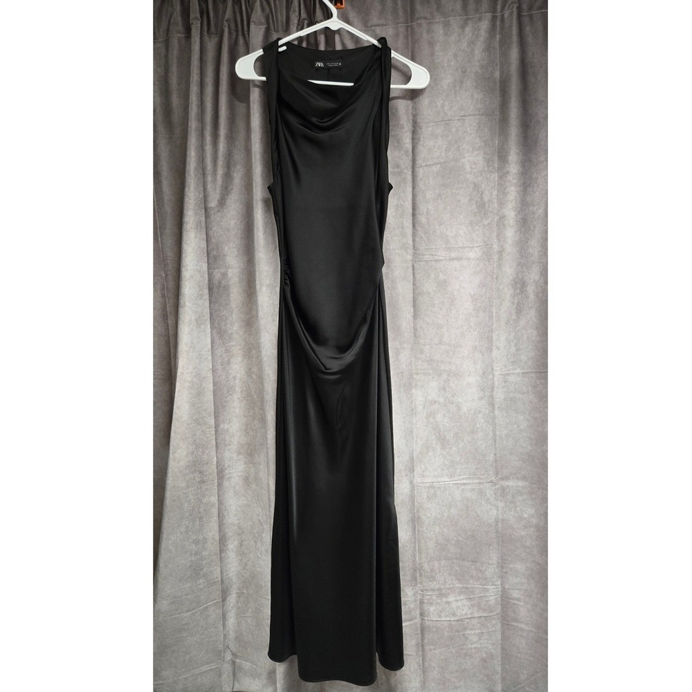 Zara Satin High Neck Ruched Maxi Dress Sleeveless‎ Formal Evening Black Size S - Picture 10 of 11